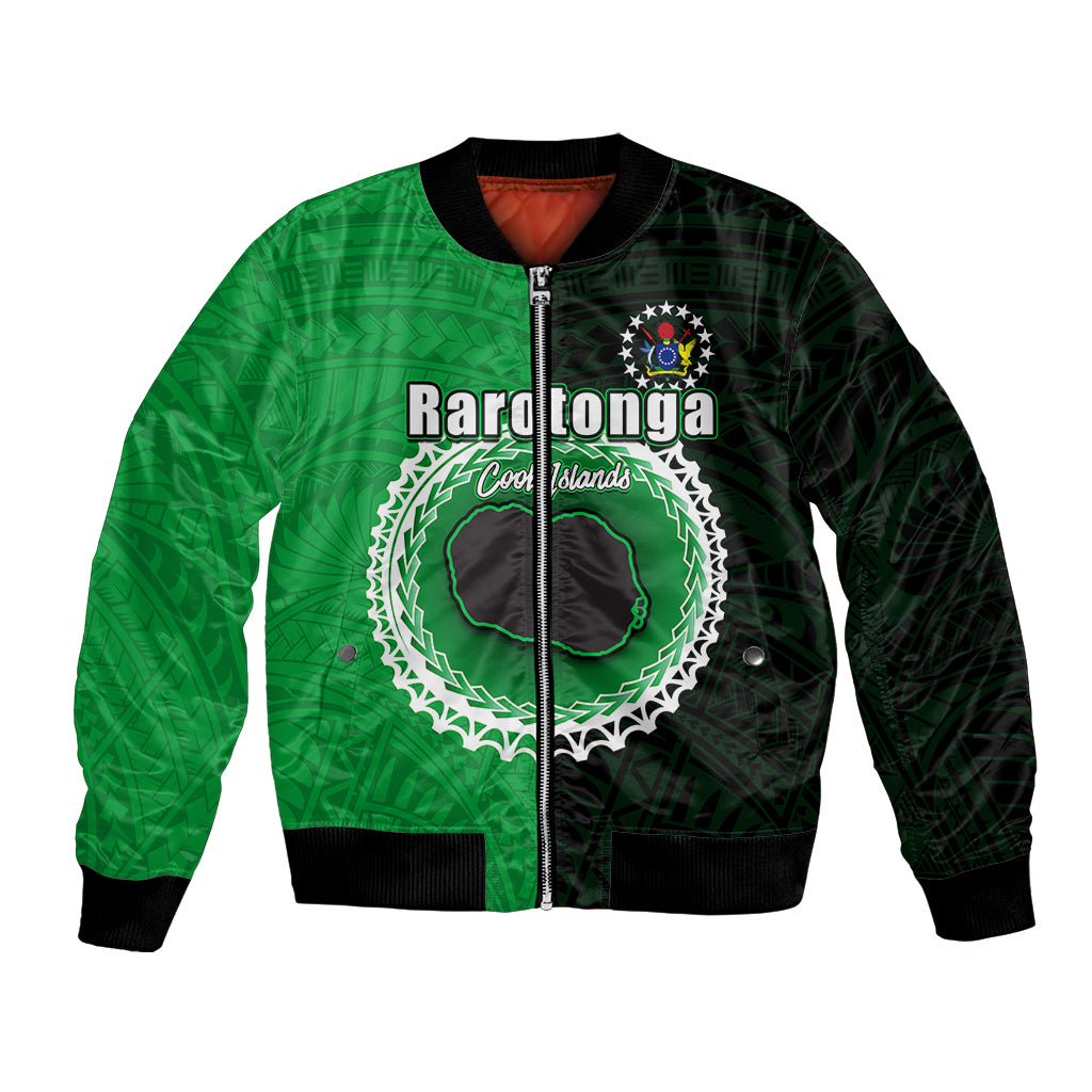 Custom Rarotonga Of Cook Islands Bomber Jacket Mix Half Black LT6 Unisex Green - Polynesian Pride