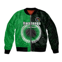 Custom Rarotonga Of Cook Islands Sleeve Zip Bomber Jacket Mix Half Black LT6 Unisex Green - Polynesian Pride