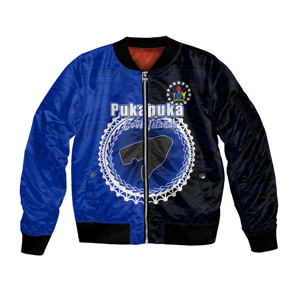 Custom Pukapuka Of Cook Islands Sleeve Zip Bomber Jacket Mix Half Black LT6 Unisex Blue - Polynesian Pride