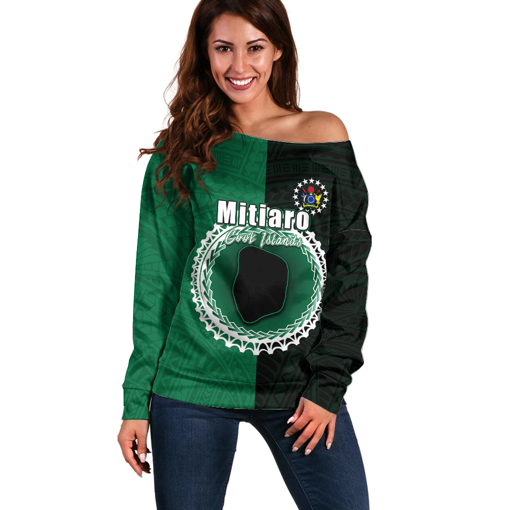 Custom Mitiaro Of Cook Islands Off Shoulder Sweater Mix Half Black LT6 Women Green - Polynesian Pride