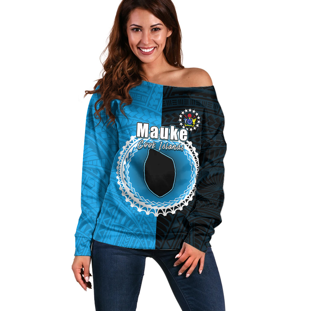 Custom Mauke Of Cook Islands Off Shoulder Sweater Mix Half Black LT6 Women Blue - Polynesian Pride