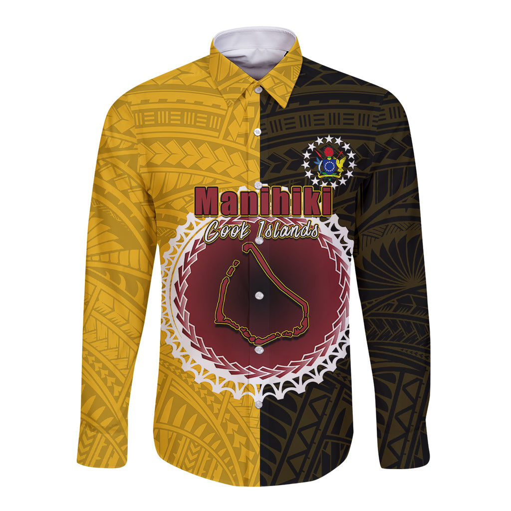Custom Manihiki Of Cook Islands Long Sleeve Button Shirt Mix Half Black LT6 Unisex Yellow - Polynesian Pride