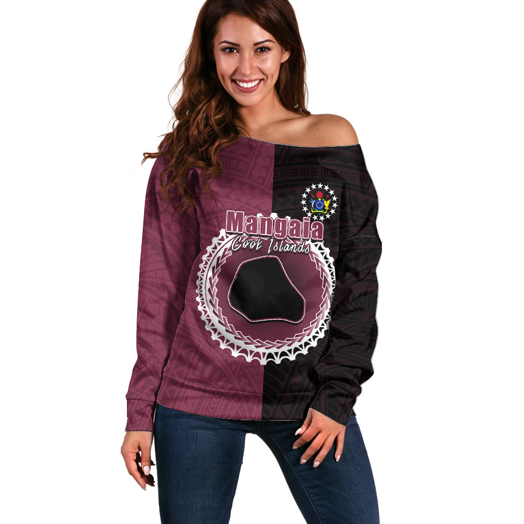 Custom Mangaia Of Cook Islands Off Shoulder Sweater Mix Half Black LT6 Women Maroon - Polynesian Pride