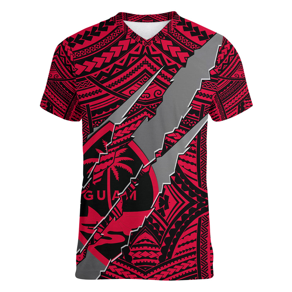 Polynesian Guam Women V Neck T Shirt with Coat Of Arms Claws Style - Red LT6 Female Red - Polynesian Pride