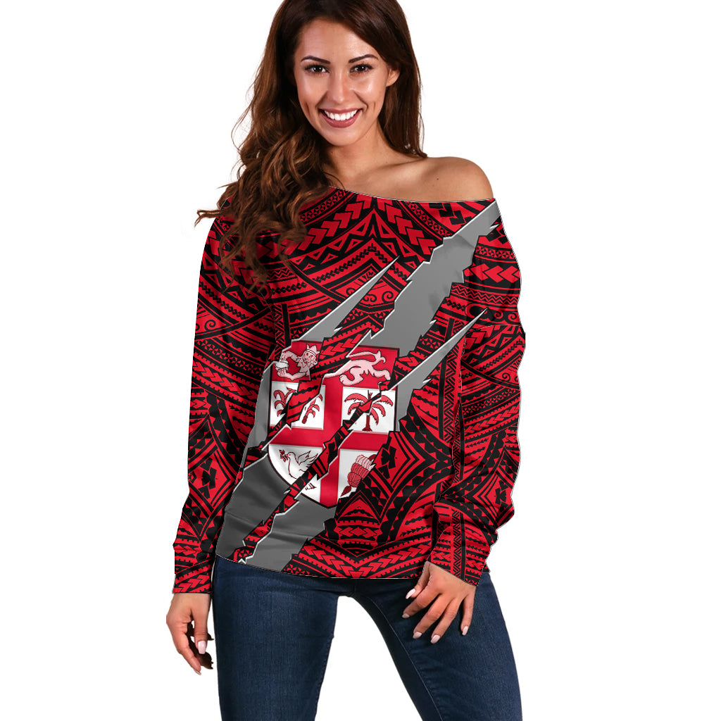 Polynesian Fiji Off Shoulder Sweater with Coat Of Arms Claws Style - Red LT6 Women Red - Polynesian Pride