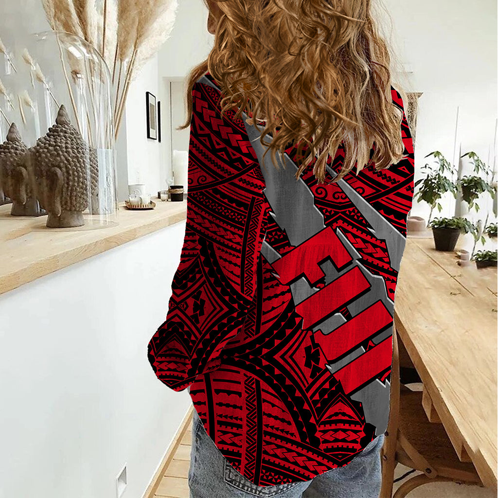 Polynesian Fiji Women Casual Shirt with Coat Of Arms Claws Style - Red LT6 - Polynesian Pride