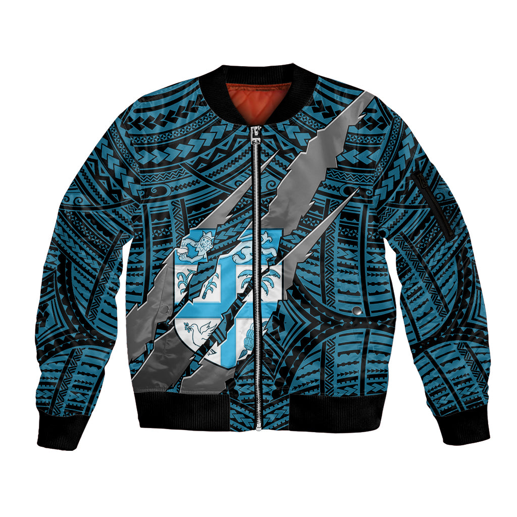 Polynesian Fiji Sleeve Zip Bomber Jacket with Coat Of Arms Claws Style - Blue LT6 Unisex Blue - Polynesian Pride