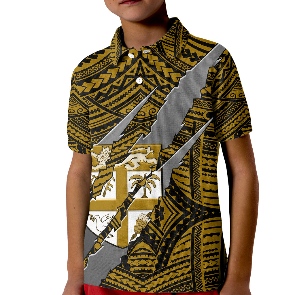 Polynesian Fiji Kid Polo Shirt with Coat Of Arms Claws Style - Gold LT6 Kid Gold - Polynesian Pride