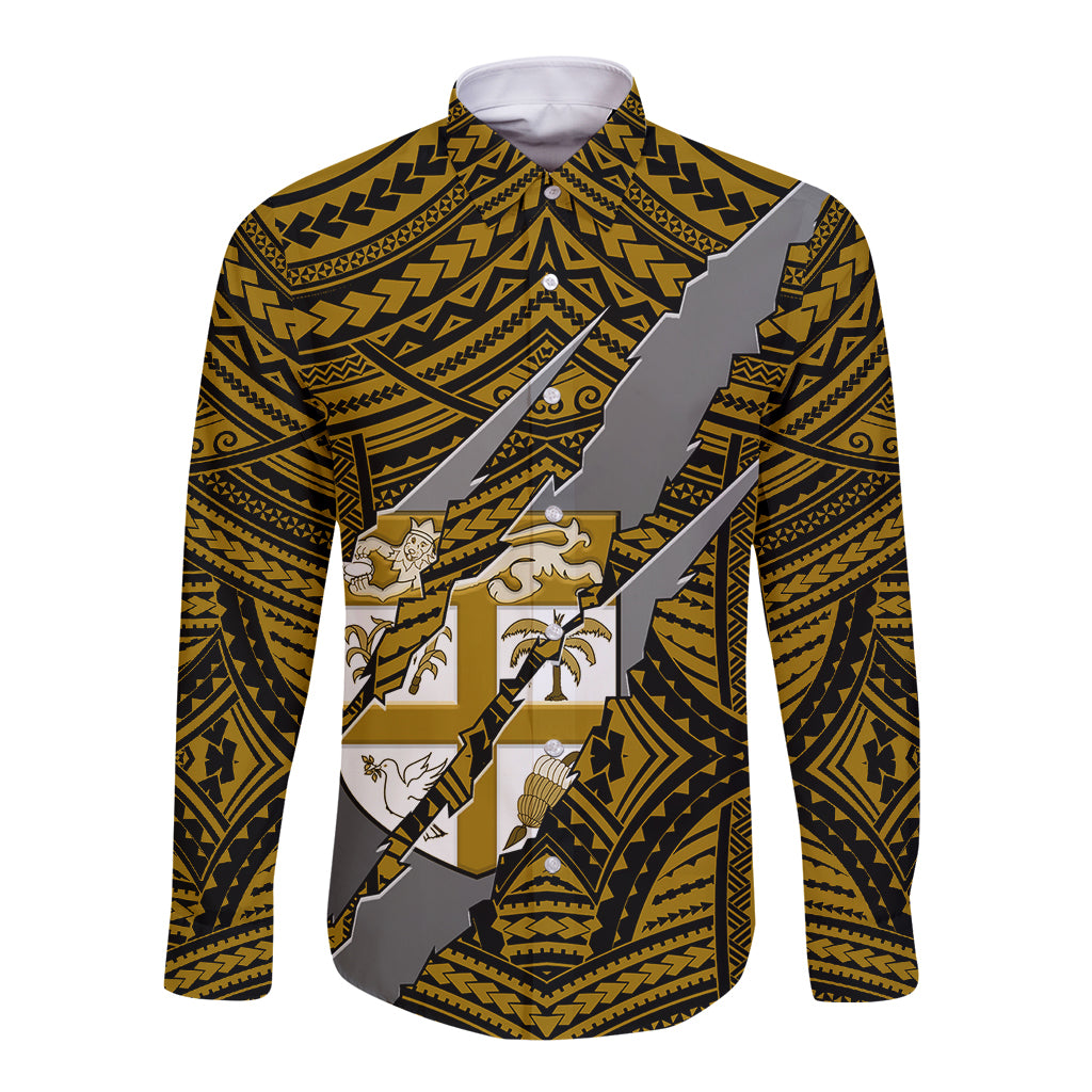 Polynesian Fiji Long Sleeve Button Shirt with Coat Of Arms Claws Style - Gold LT6 Unisex Gold - Polynesian Pride