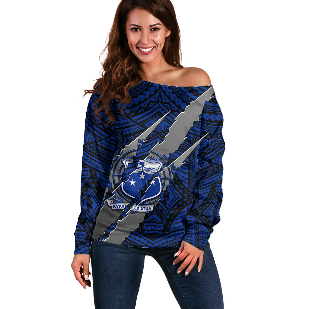 Polynesian Samoa Off Shoulder Sweater with Coat Of Arms Claws Style - Blue LT6 Women Blue - Polynesian Pride