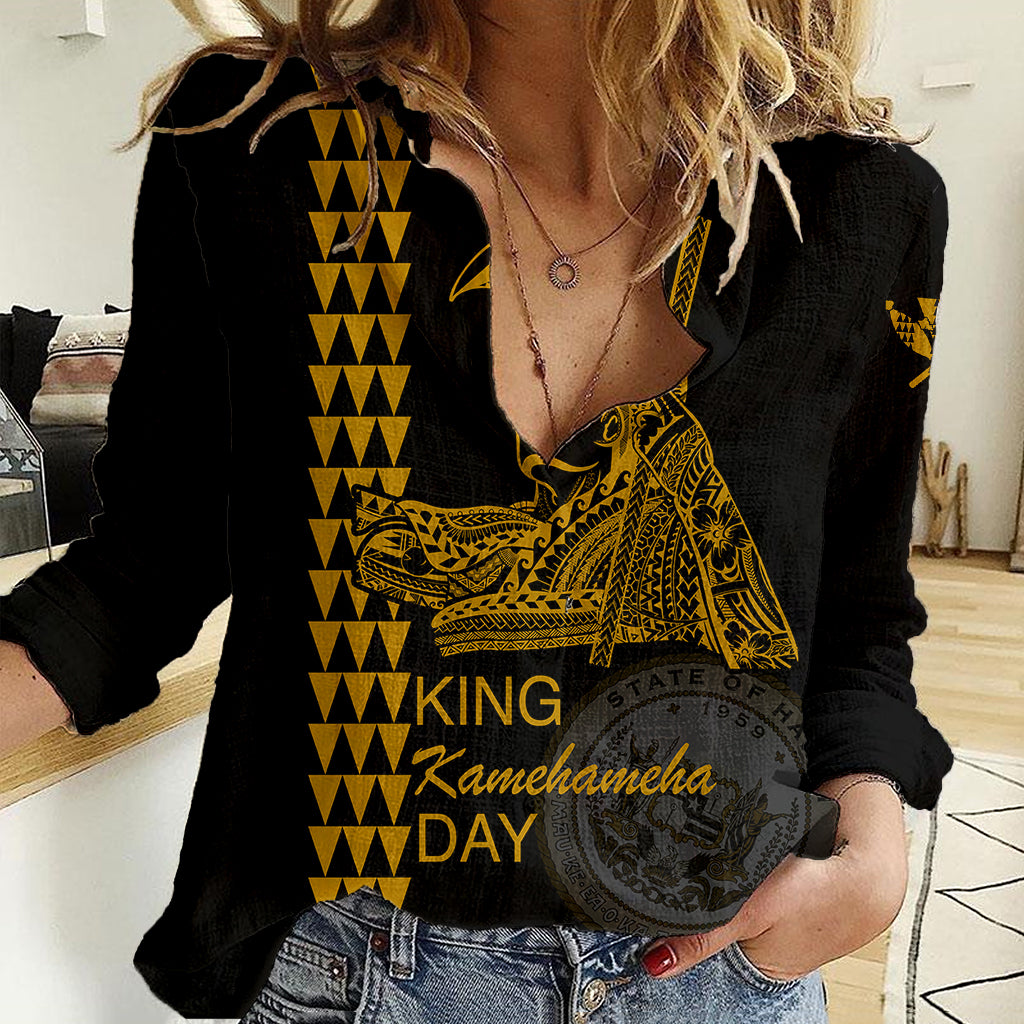 Custom Hawaii Women Casual Shirt King Kamehameha Day - Gold LT6 Female Gold - Polynesian Pride