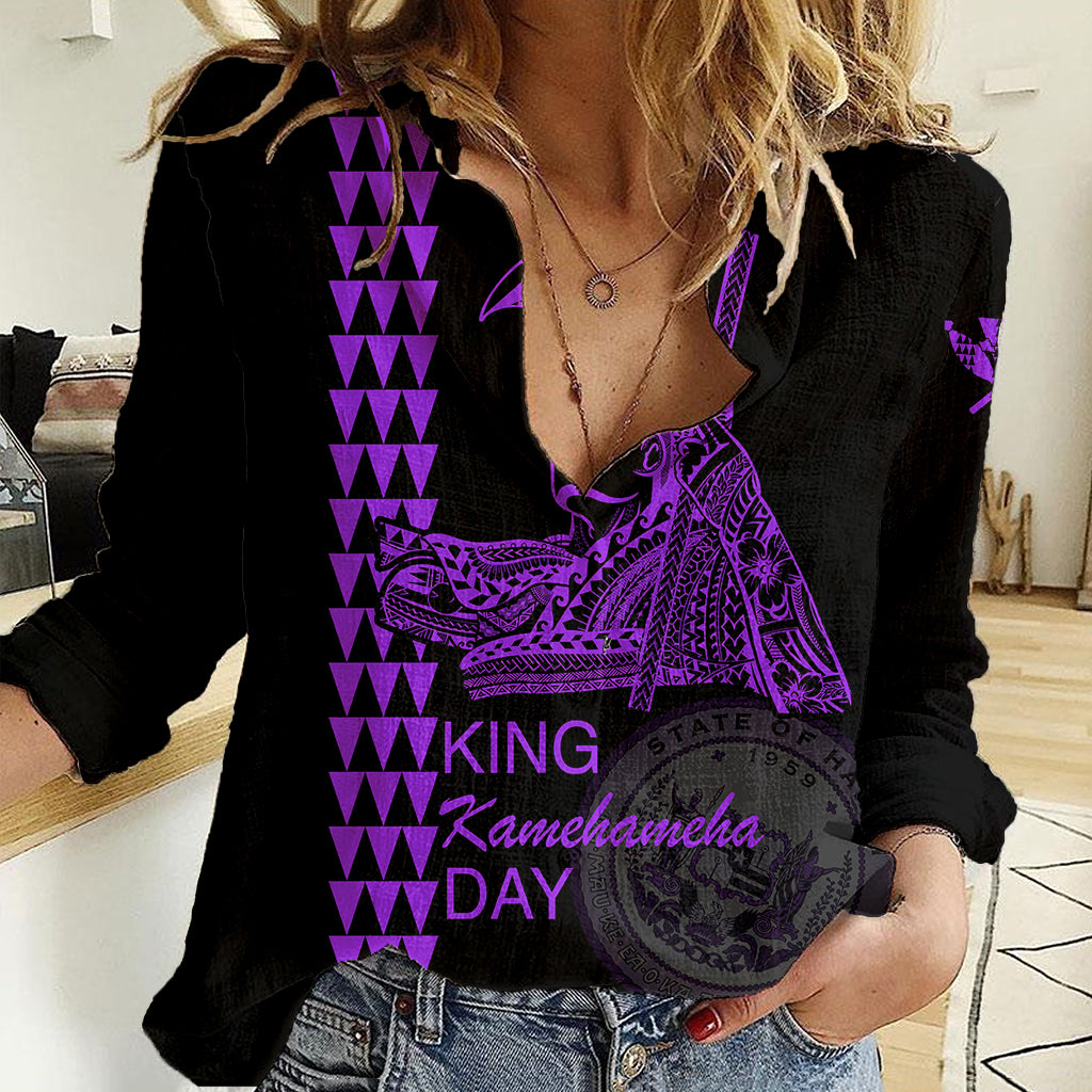 Custom Hawaii Women Casual Shirt King Kamehameha Day - Purple LT6 Female Purple - Polynesian Pride