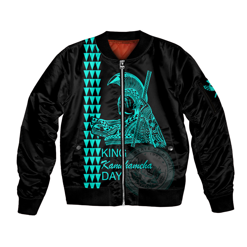 Custom Hawaii Sleeve Zip Bomber Jacket King Kamehameha Day - Green LT6 Unisex Green - Polynesian Pride