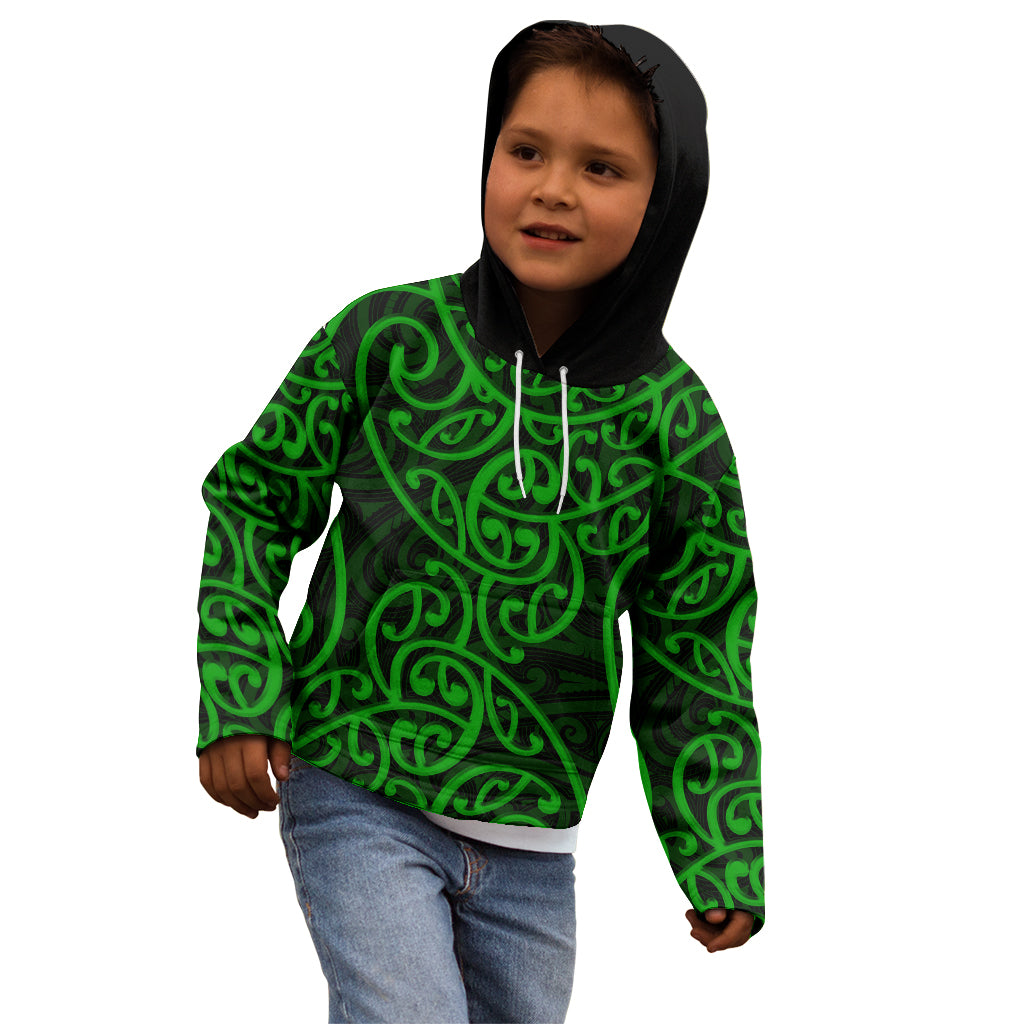 New Zealand Kid Hoodie Maori Pattern Green LT6 - Polynesian Pride