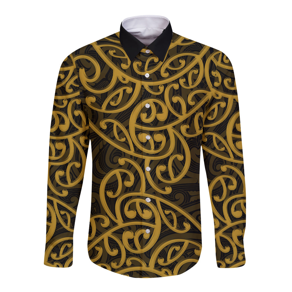 New Zealand Long Sleeve Button Shirt Maori Pattern Gold LT6 Unisex Gold - Polynesian Pride