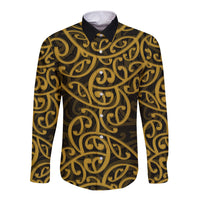 New Zealand Long Sleeve Button Shirt Maori Pattern Gold LT6 Unisex Gold - Polynesian Pride