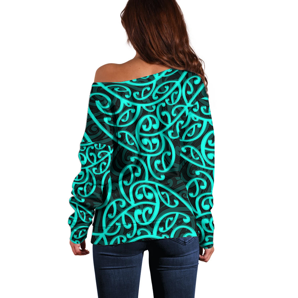 New Zealand Off Shoulder Sweater Maori Pattern Turquoise LT6 - Polynesian Pride