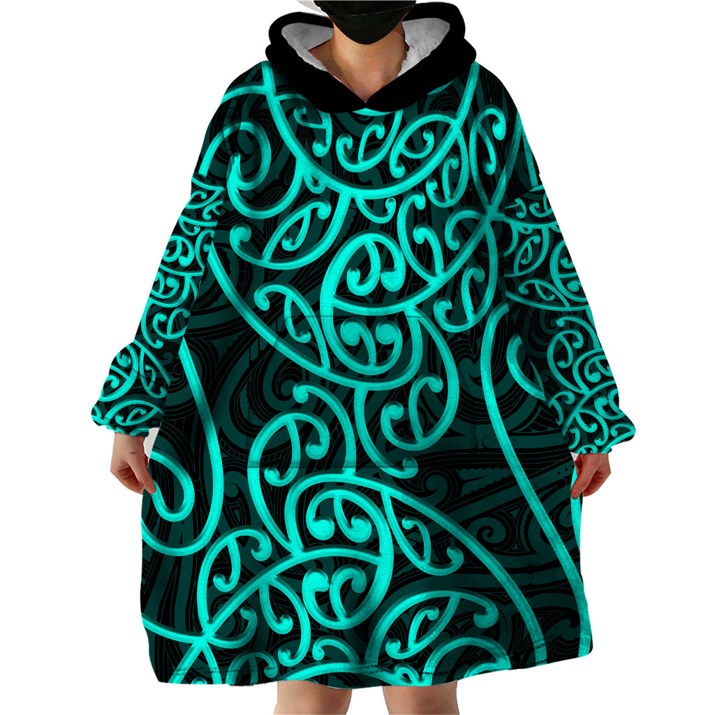 New Zealand Wearable Blanket Hoodie Maori Pattern Turquoise LT6 - Polynesian Pride