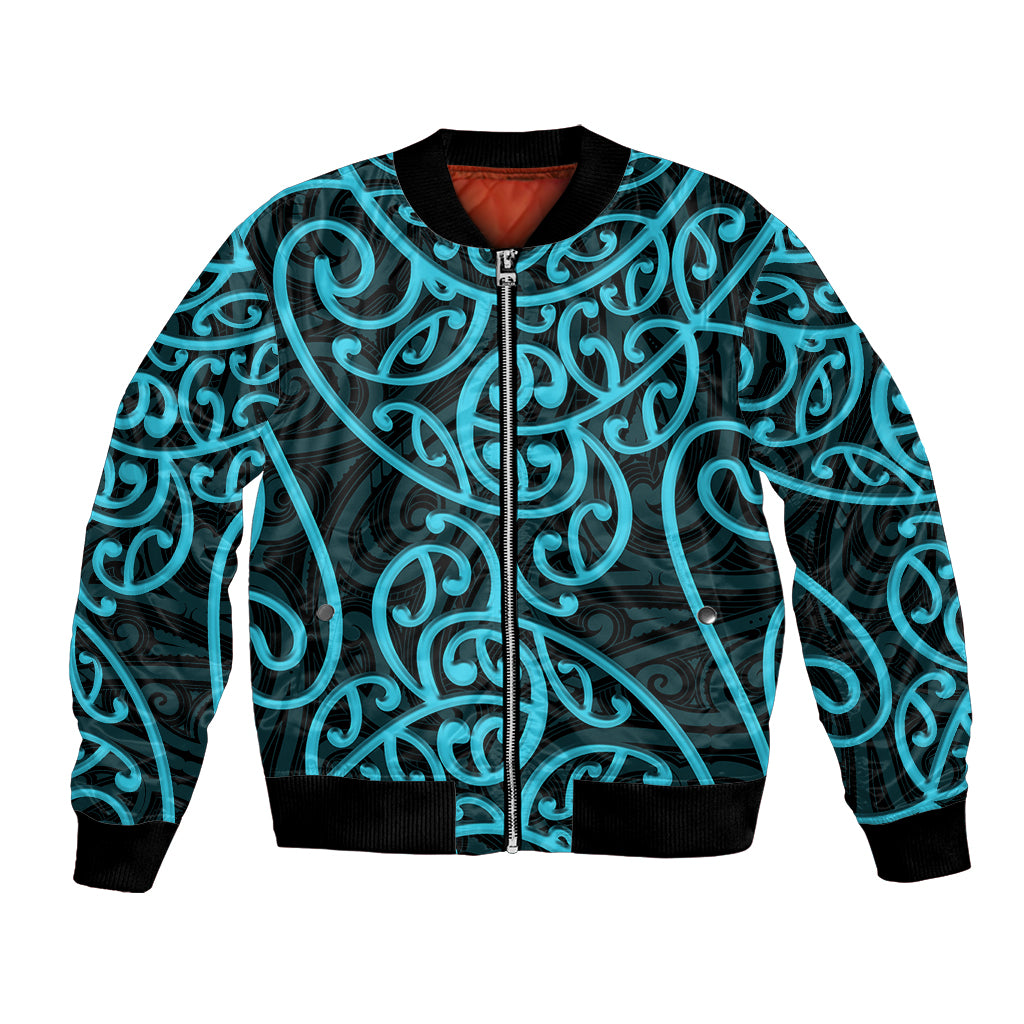 New Zealand Bomber Jacket Maori Pattern Light Blue LT6 Unisex Blue - Polynesian Pride
