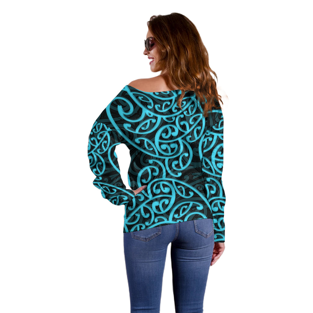 New Zealand Off Shoulder Sweater Maori Pattern Light Blue LT6 - Polynesian Pride