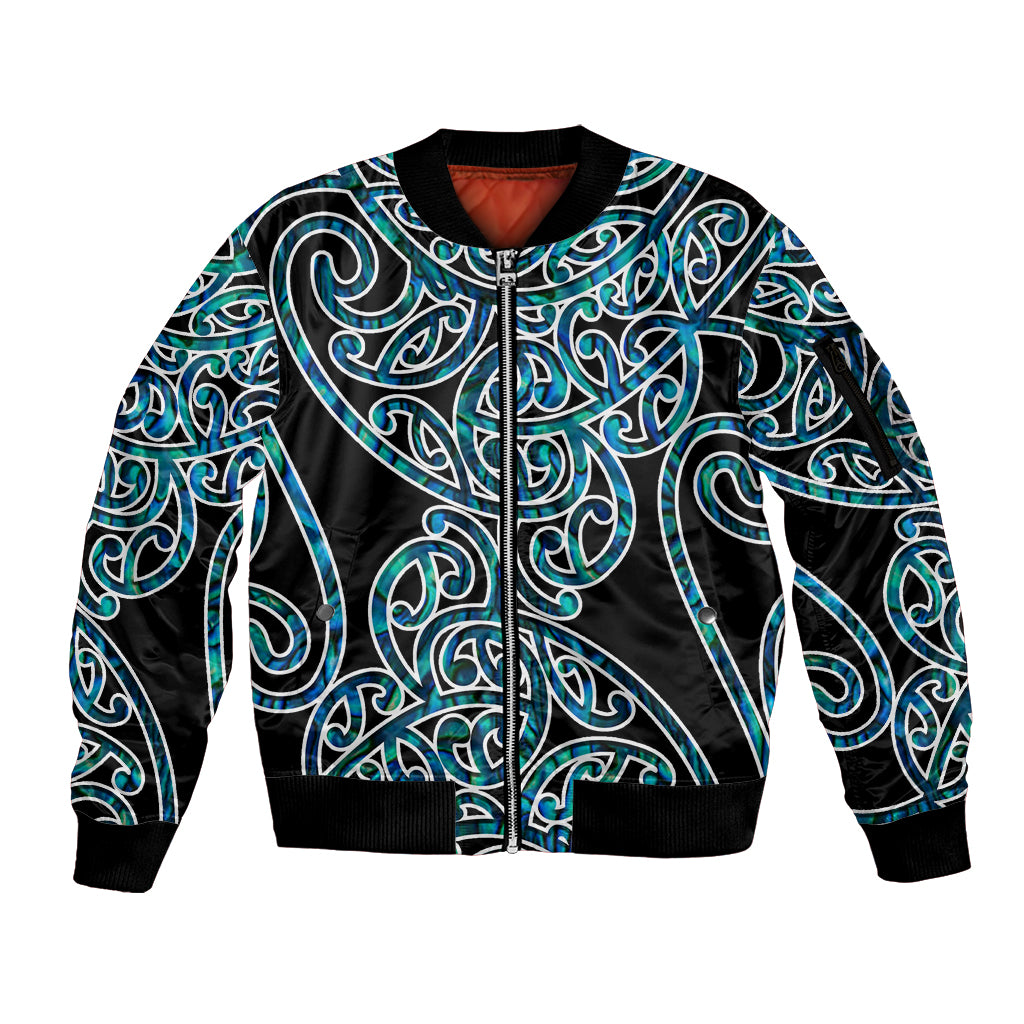 New Zealand Sleeve Zip Bomber Jacket Maori Pattern Papua Shell LT6 Unisex Green - Polynesian Pride