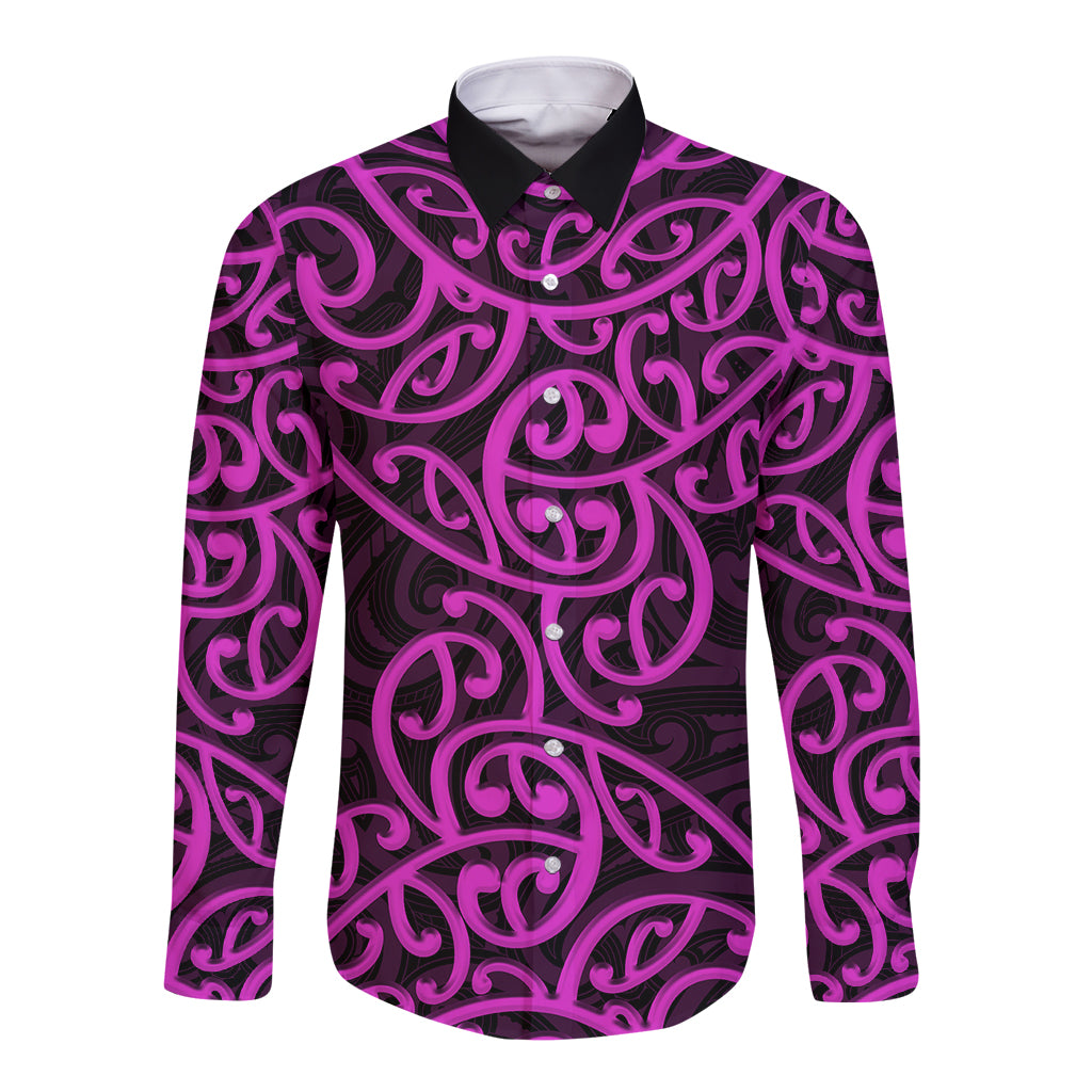 New Zealand Long Sleeve Button Shirt Maori Pattern Purple LT6 Unisex Purple - Polynesian Pride
