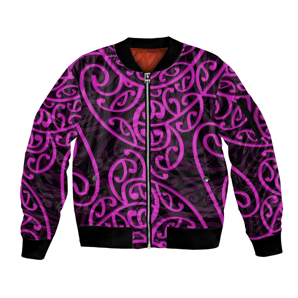 New Zealand Sleeve Zip Bomber Jacket Maori Pattern Purple LT6 Unisex Purple - Polynesian Pride