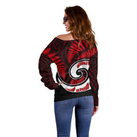 New Zealand Off Shoulder Sweater Maori With Silver Fern Red LT6 - Polynesian Pride
