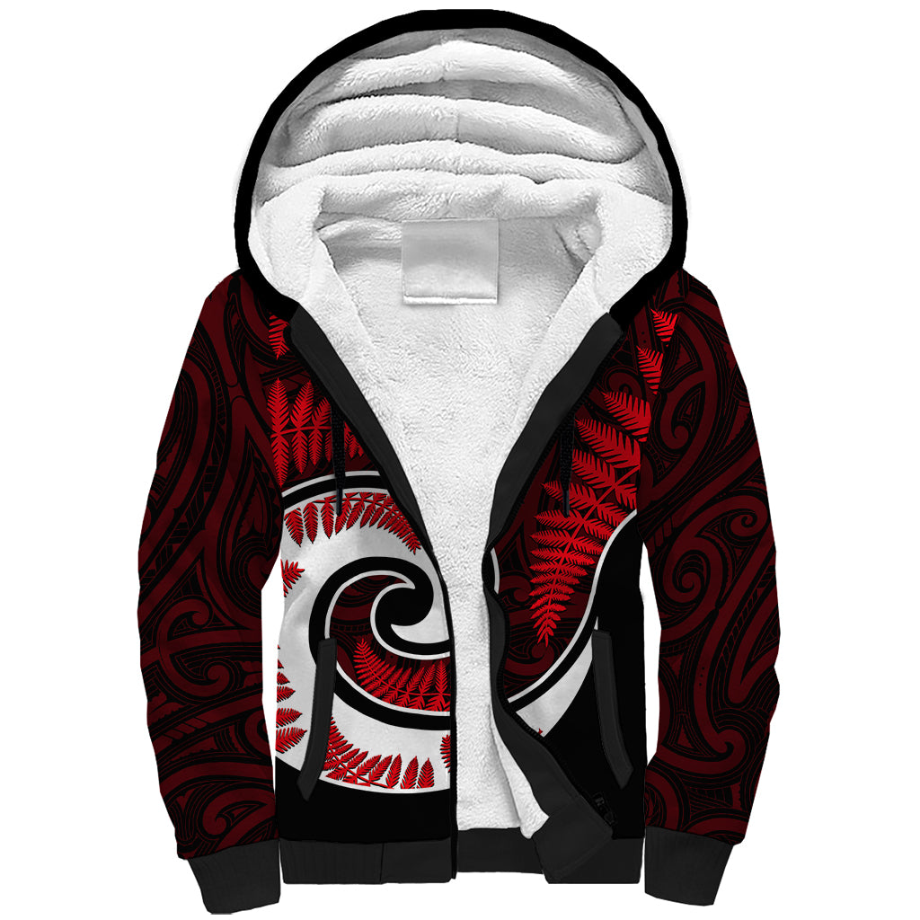 New Zealand Sherpa Hoodie Maori With Silver Fern Red LT6 Unisex Red - Polynesian Pride