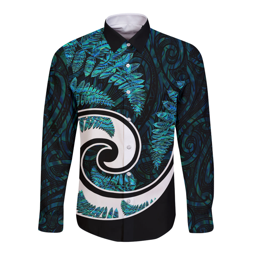 New Zealand Long Sleeve Button Shirt Maori With Silver Fern Papua Shell Green Ver.2 LT6 Unisex Green - Polynesian Pride