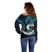 New Zealand Off Shoulder Sweater Maori With Silver Fern Papua Shell Green Ver.2 LT6 - Polynesian Pride