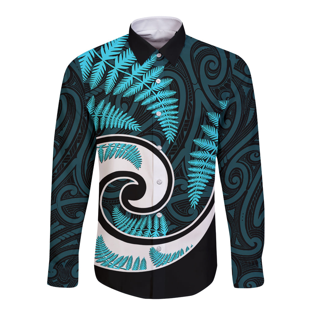 New Zealand Long Sleeve Button Shirt Maori With Silver Fern Light Blue LT6 Unisex Blue - Polynesian Pride