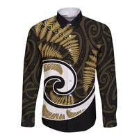 New Zealand Long Sleeve Button Shirt Maori With Silver Fern Gold LT6 Unisex Gold - Polynesian Pride