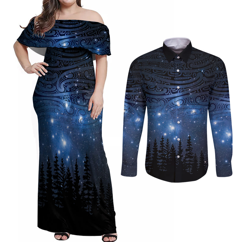 Matariki Te Tau Hou Māori Couples Matching Off Shoulder Maxi Dress and Long Sleeve Button Shirt New Zealand Starry Sky LT7 Galaxy - Polynesian Pride