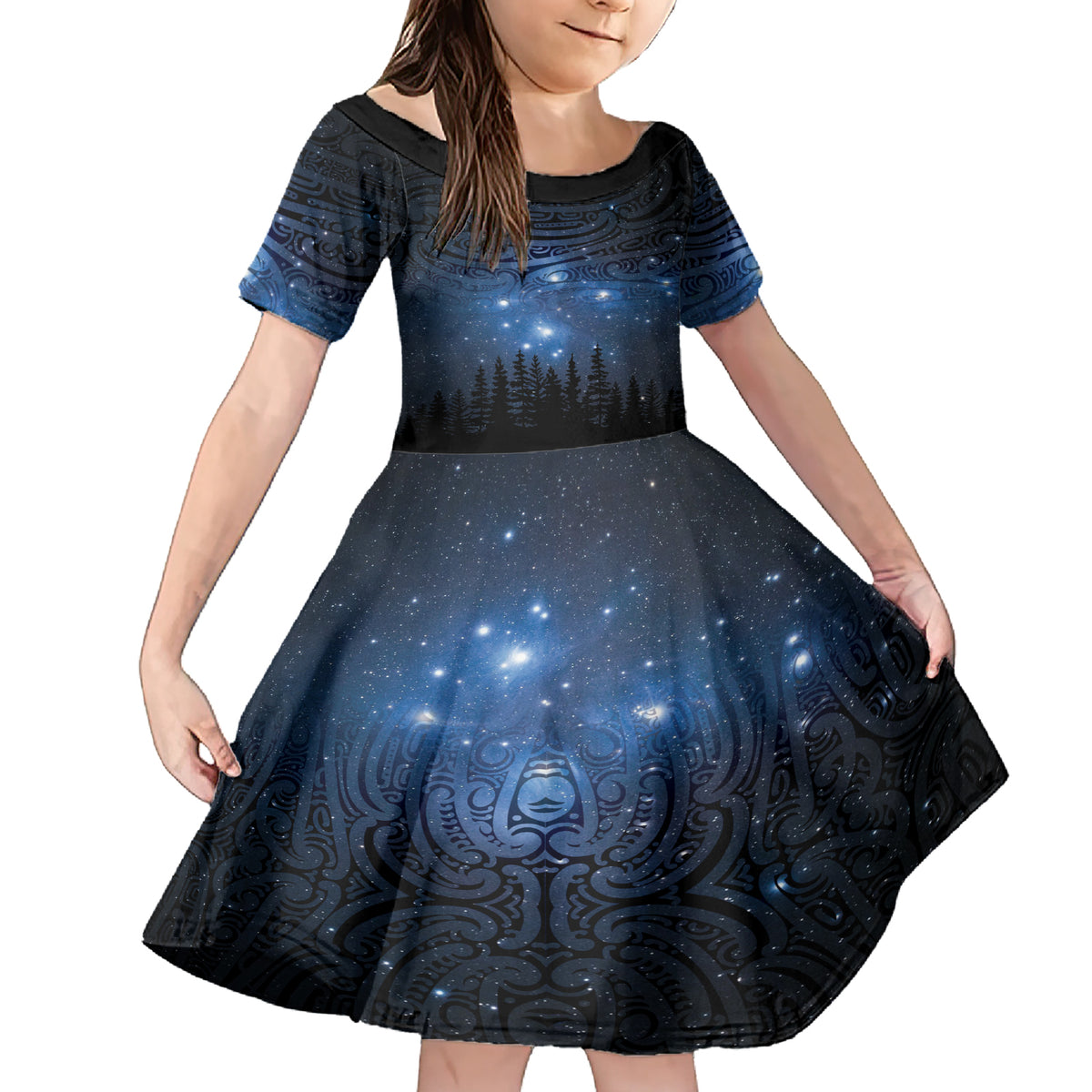 Matariki Te Tau Hou Māori Family Matching Short Sleeve Bodycon Dress and Hawaiian Shirt New Zealand Starry Sky LT7 Daughter's Dress Galaxy - Polynesian Pride