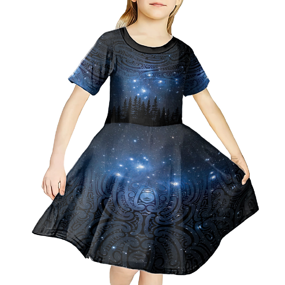 Matariki Te Tau Hou Māori Kid Short Sleeve Dress New Zealand Starry Sky LT7 - Polynesian Pride