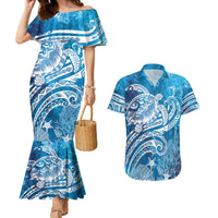 World Ocean Day Polynesian Pattern Couples Matching Mermaid Dress and Hawaiian Shirt Crystal Waves LT7 Blue - Polynesian Pride