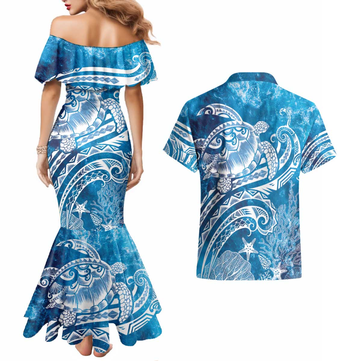 World Ocean Day Polynesian Pattern Couples Matching Mermaid Dress and Hawaiian Shirt Crystal Waves LT7 - Polynesian Pride