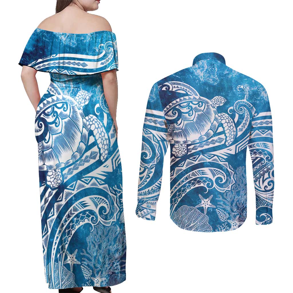 World Ocean Day Polynesian Pattern Couples Matching Off Shoulder Maxi Dress and Long Sleeve Button Shirt Crystal Waves