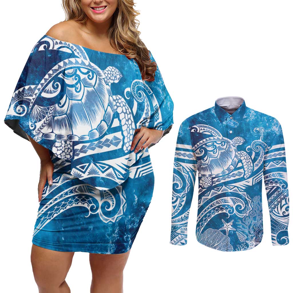 World Ocean Day Polynesian Pattern Couples Matching Off Shoulder Short Dress and Long Sleeve Button Shirt Crystal Waves