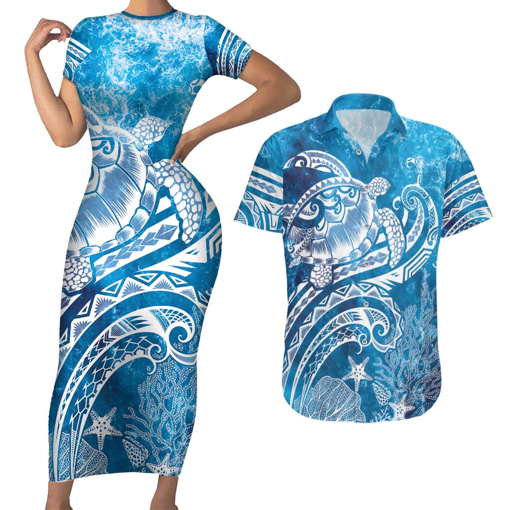 World Ocean Day Polynesian Pattern Couples Matching Short Sleeve Bodycon Dress and Hawaiian Shirt Crystal Waves LT7 Blue - Polynesian Pride