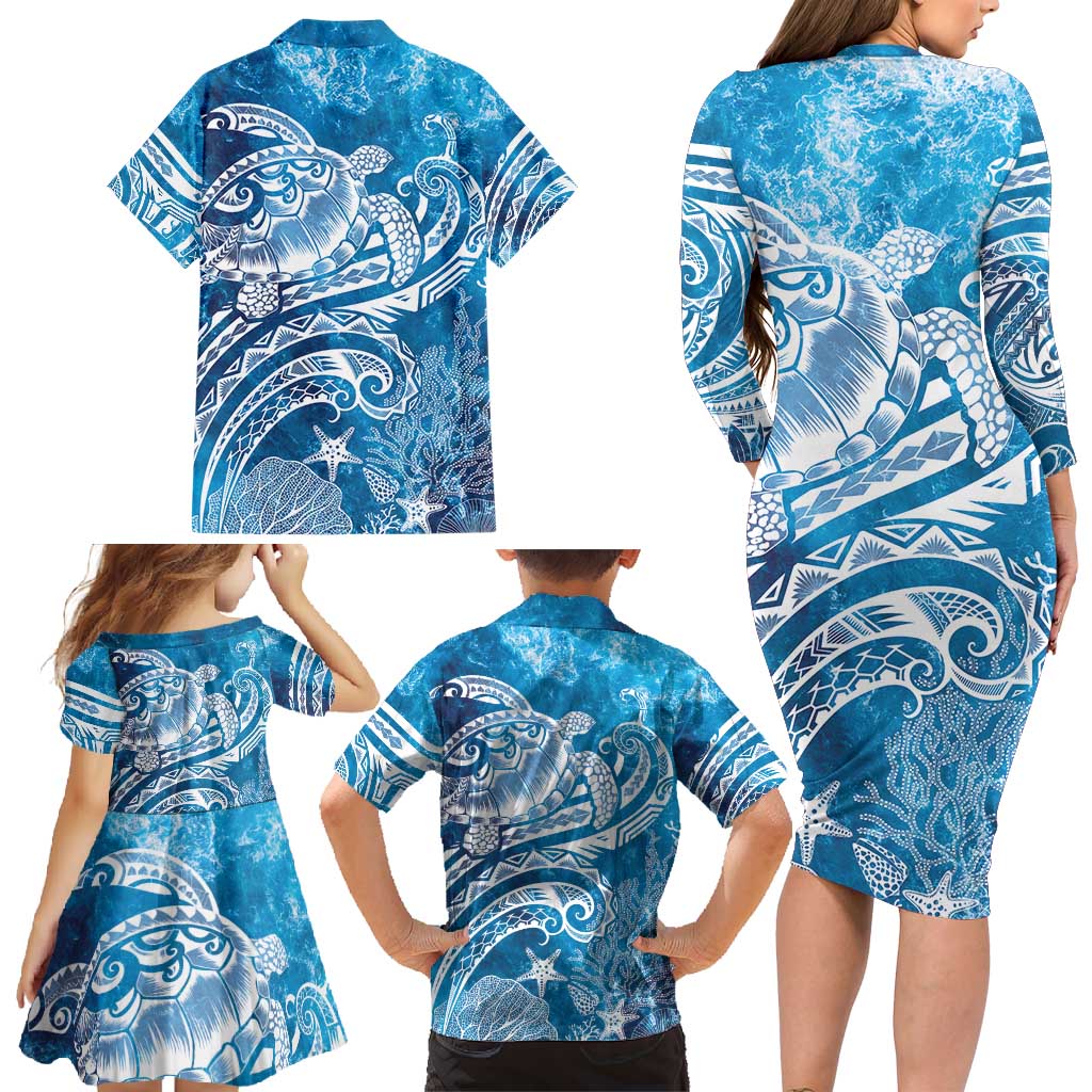 World Ocean Day Polynesian Pattern Family Matching Long Sleeve Bodycon Dress and Hawaiian Shirt Crystal Waves LT7 - Polynesian Pride