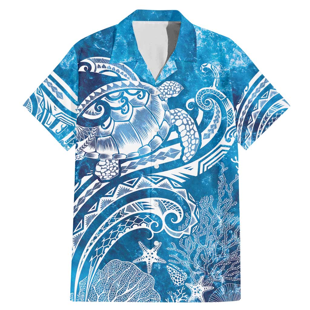 World Ocean Day Polynesian Pattern Family Matching Mermaid Dress and Hawaiian Shirt Crystal Waves LT7 Dad's Shirt - Short Sleeve Blue - Polynesian Pride