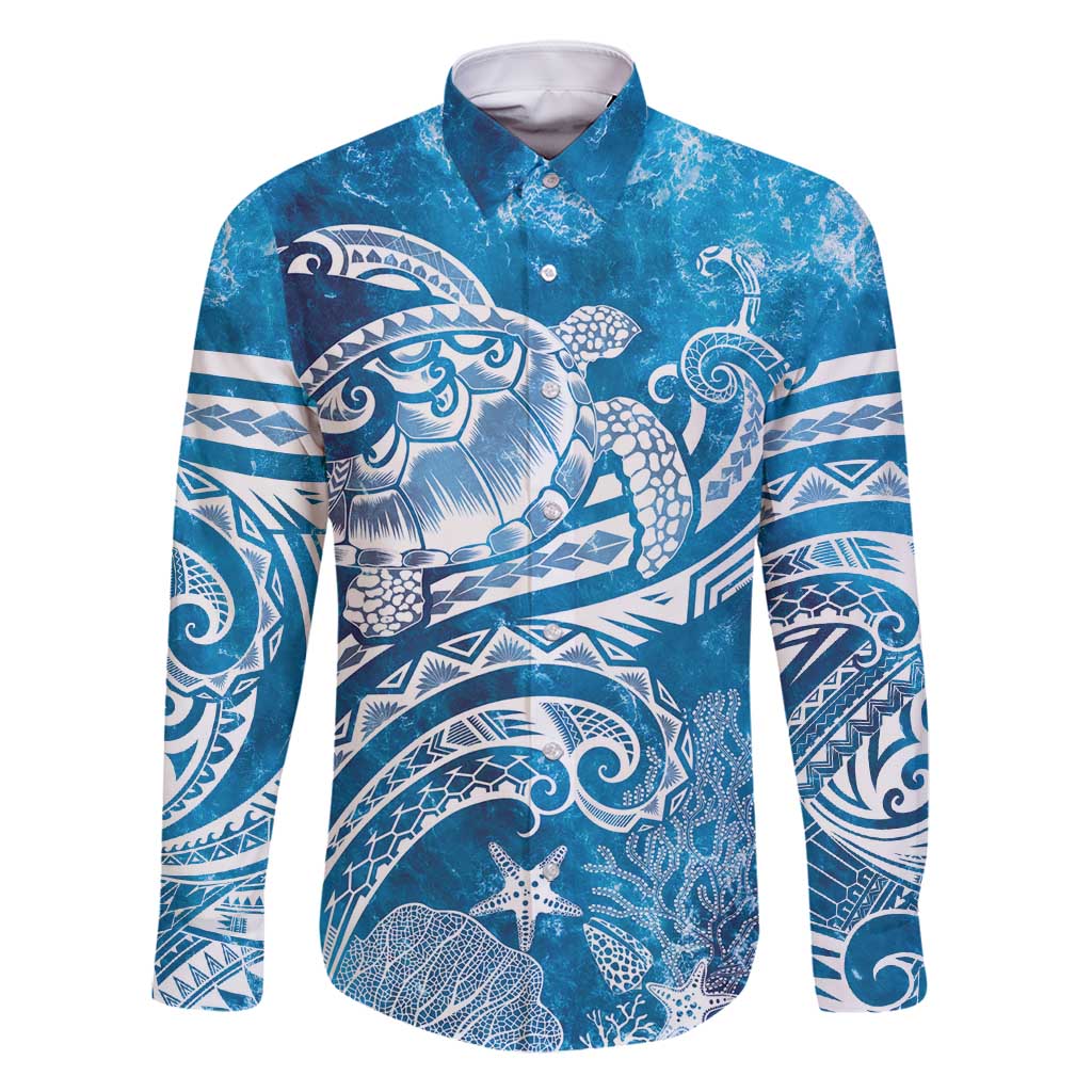 World Ocean Day Polynesian Pattern Family Matching Mermaid Dress and Hawaiian Shirt Crystal Waves LT7 Dad's Shirt - Long Sleeve Blue - Polynesian Pride
