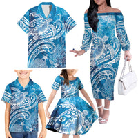 World Ocean Day Polynesian Pattern Family Matching Off The Shoulder Long Sleeve Dress and Hawaiian Shirt Crystal Waves LT7 - Polynesian Pride