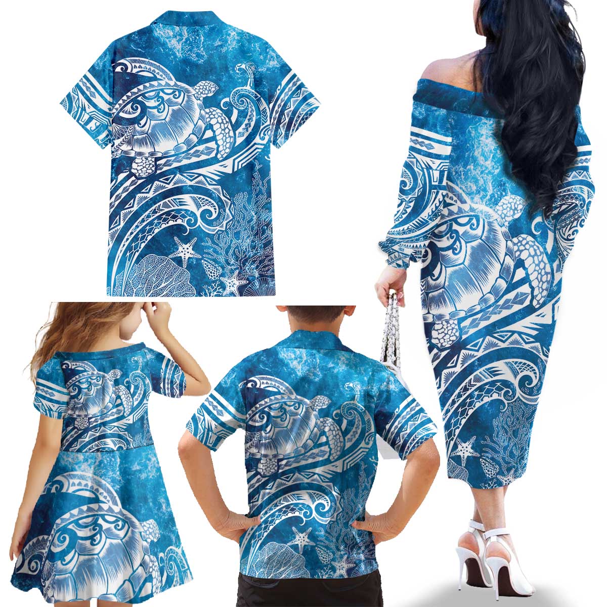 World Ocean Day Polynesian Pattern Family Matching Off The Shoulder Long Sleeve Dress and Hawaiian Shirt Crystal Waves LT7 - Polynesian Pride