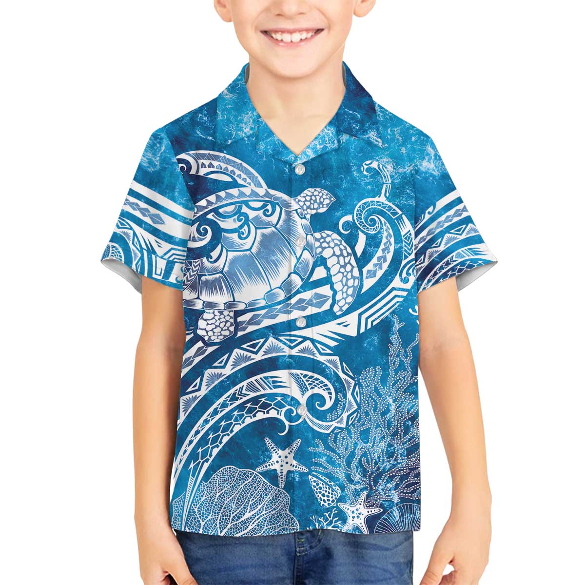 World Ocean Day Polynesian Pattern Family Matching Off The Shoulder Long Sleeve Dress and Hawaiian Shirt Crystal Waves LT7 Son's Shirt Blue - Polynesian Pride
