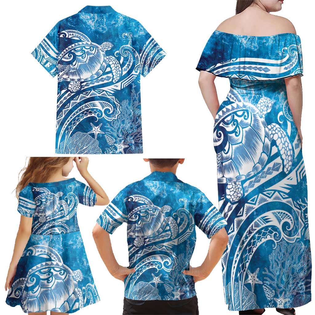 World Ocean Day Polynesian Pattern Family Matching Off Shoulder Maxi Dress and Hawaiian Shirt Crystal Waves