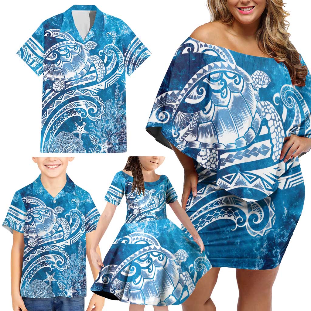 World Ocean Day Polynesian Pattern Family Matching Off Shoulder Short Dress and Hawaiian Shirt Crystal Waves