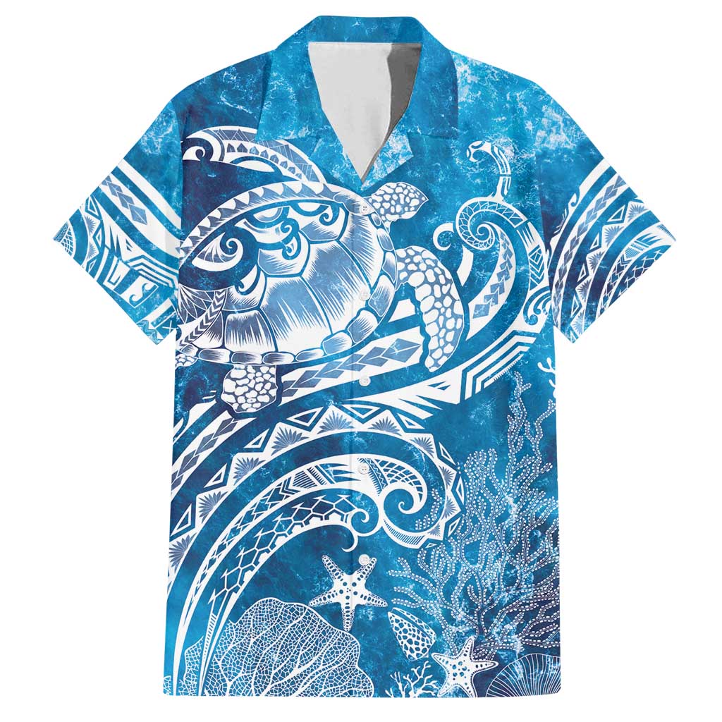 World Ocean Day Polynesian Pattern Family Matching Off Shoulder Short Dress and Hawaiian Shirt Crystal Waves